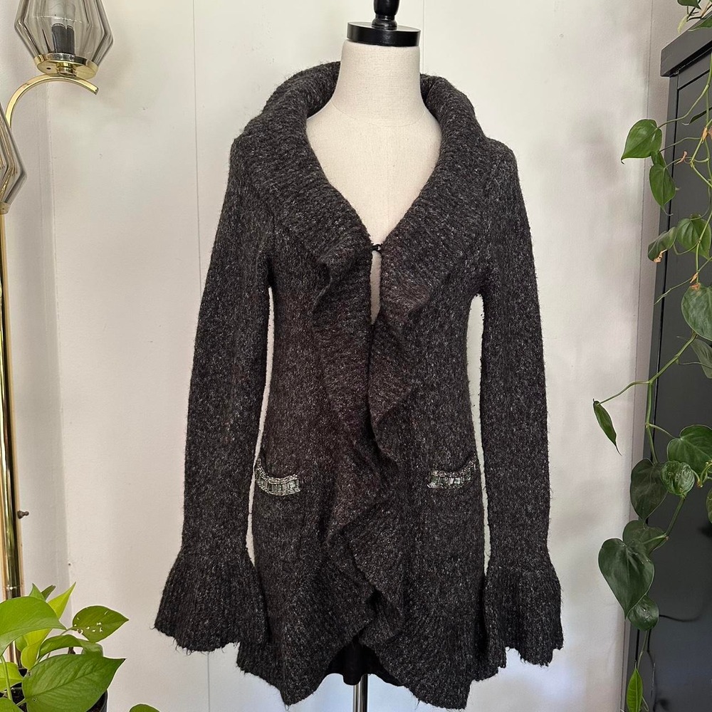 APT 9 Women Grey Black Ruffle Front Beaded Cardigan Flared Sleeve Small